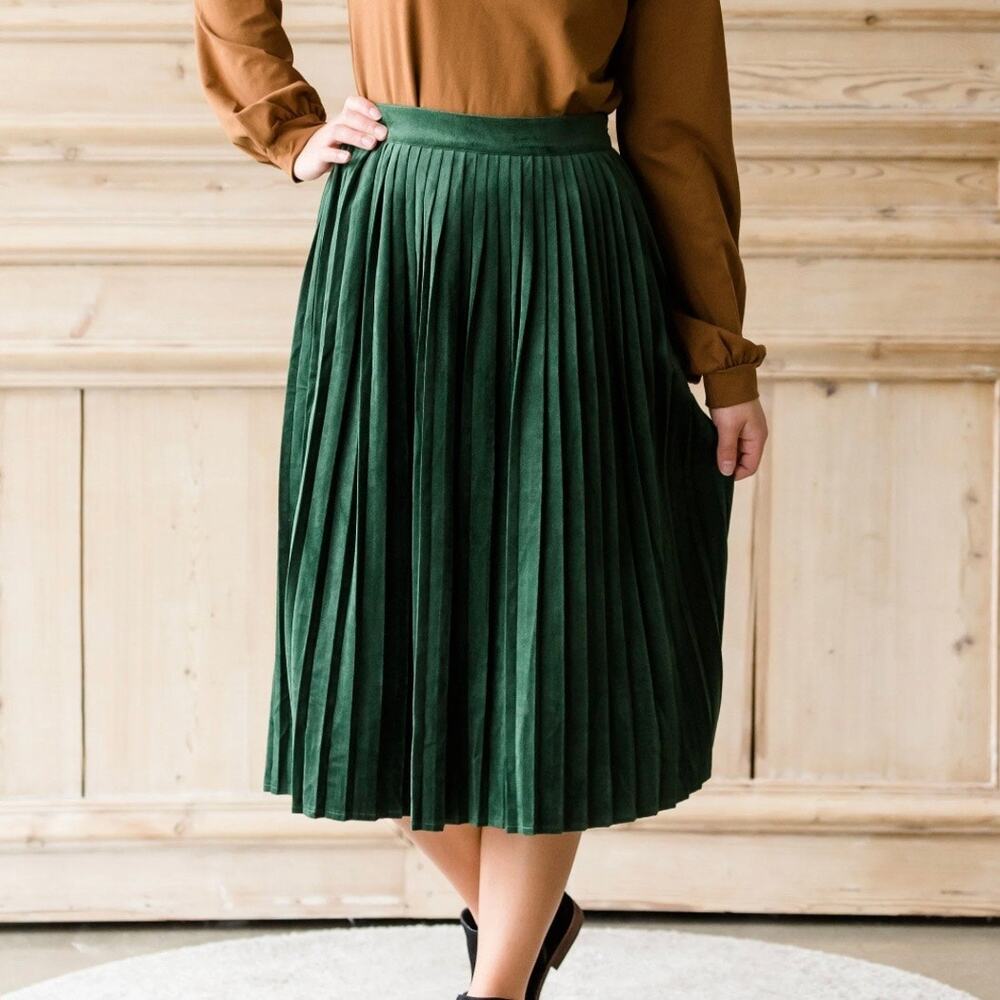 ROOLEE | Dark Green Velvet Accordion Pleat Midi Skirt Pleated Elastic | Size XXL